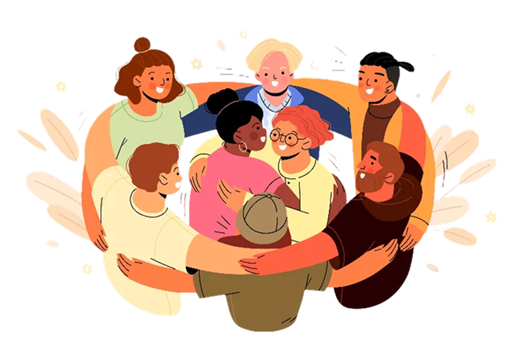 Ilustração de pessoas diversas reunidas em comunidade