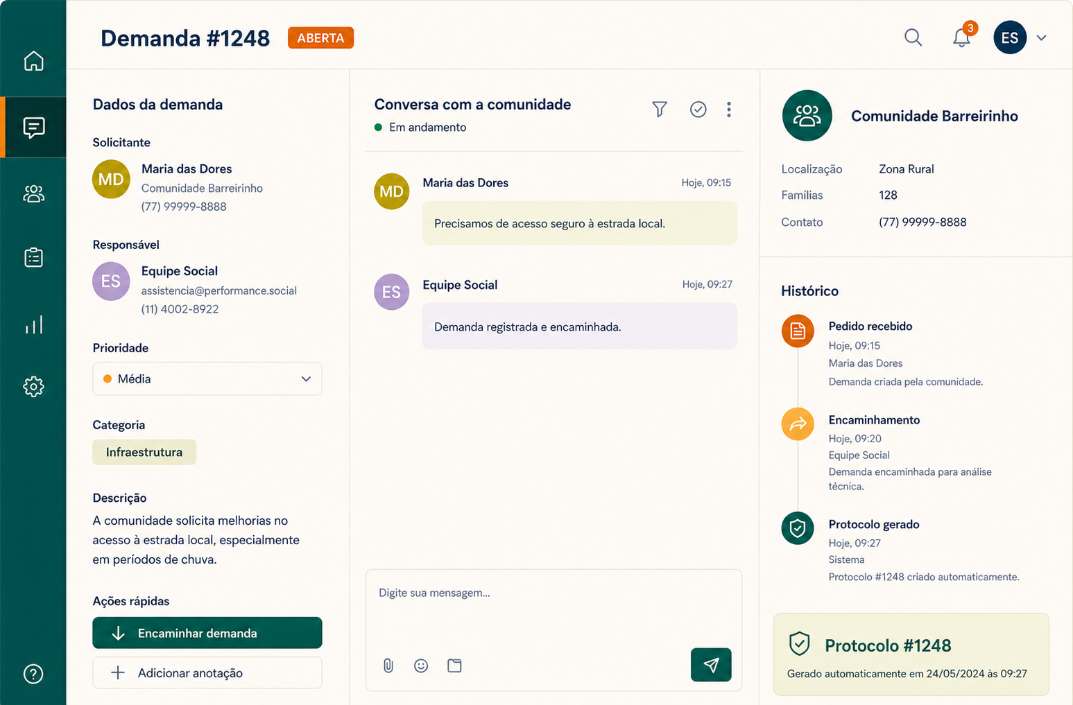 Painel de atendimento com conversa centralizada e protocolo gerado